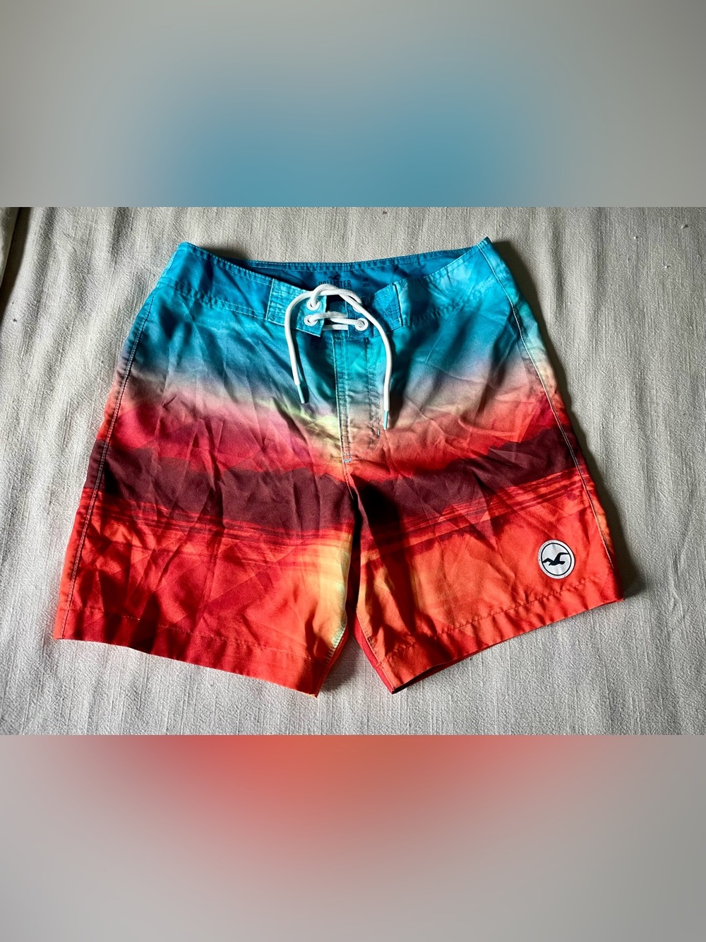 Hollister Ombre Blue to Red Swim Board Shorts with White Drawstring